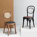 Two Modern Dining Chairs With Woven Backrest Wooden Black Frames And Black Red Seats