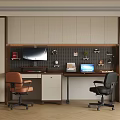 Modern Home Office With Two Desks Orange Black Chairs Laptop TV Wall Cabinets And Decorations