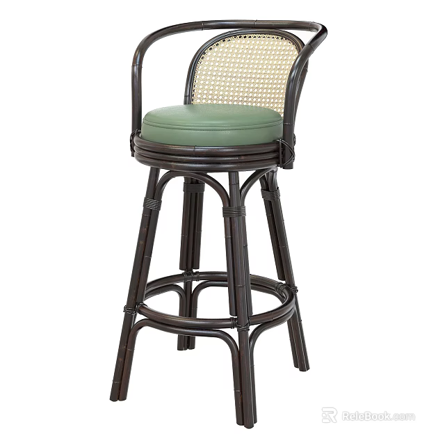 Rattan High Bar Stool With Wicker Backrest And Green Cushion Design 3d model 