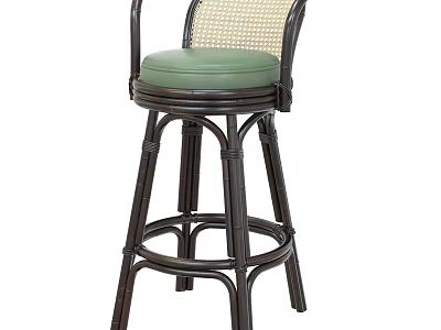 Rattan High Bar Stool With Wicker Backrest And Green Cushion Design 3d model