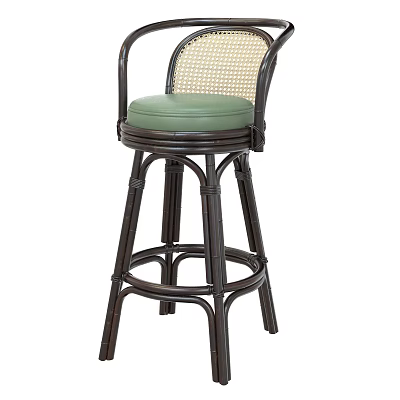 Rattan High Bar Stool With Wicker Backrest And Green Cushion Design 3d model