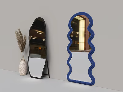 Decorative Mirrors With Black Blue Frames Irregular Wavy Shapes And Dried Flower Vase 3d model