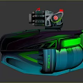 Futuristic Cosmic Spaceship with Purple Green Streamlined Structure and Red Top Components Design