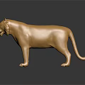 Golden Lion Statue Standing Shiny Metallic Artwork On Dark Reflective Surface