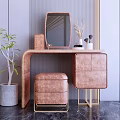 Leather Dressing Table with Rectangular Mirror Gold Accents Stool and Green Plant Decor 3d model