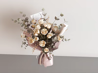 Beautiful Beige Rose Bouquet With Eucalyptus Leaves Light Pink Wrapping And Gold Accents Small Card 3d model
