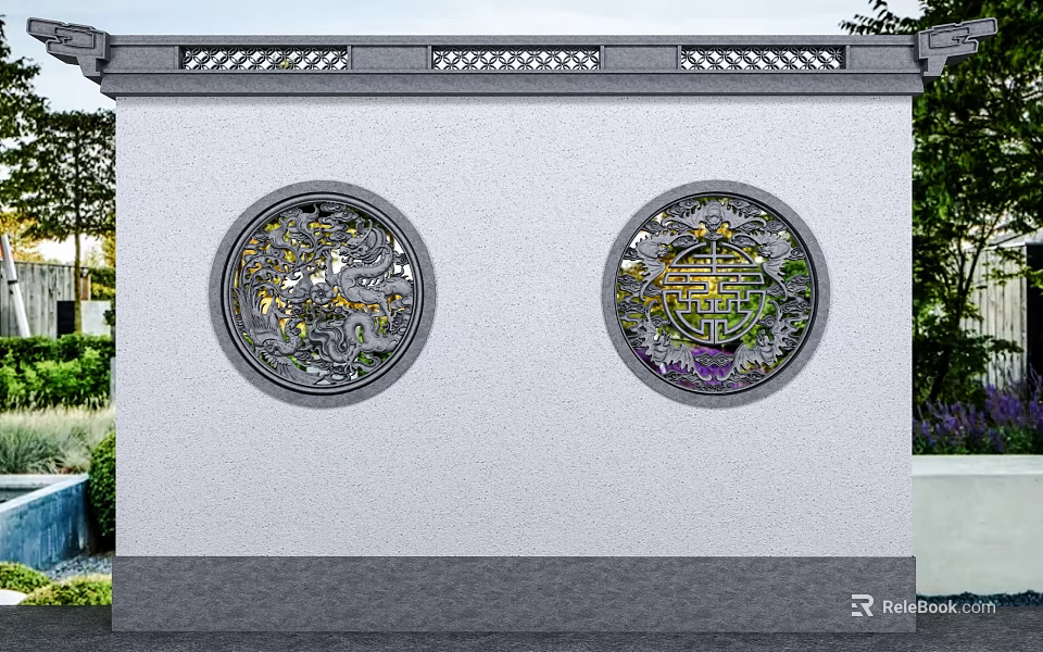 Traditional Chinese Garden Wall With Circular Carved Windows Dragon And Double Happiness Patterns 3d model 