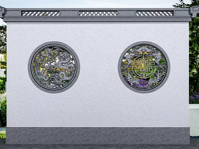 Traditional Chinese Garden Wall With Circular Carved Windows Dragon And Double Happiness Patterns 3d model
