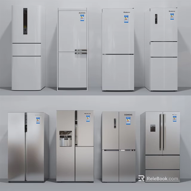 Modern Refrigerators and Freezers in White Silver with Various Styles for Home Kitchen 3d model 