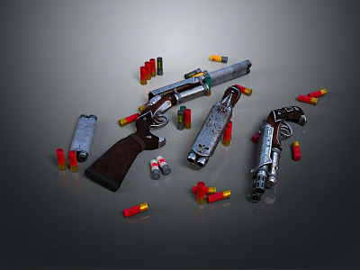 Vintage Revolvers And Shotguns With Scattered Bullets On Dark Surface 3d model