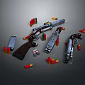 Vintage Revolvers And Shotguns With Scattered Bullets On Dark Surface