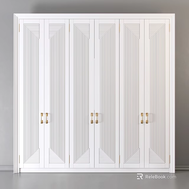 Modern White Dresser With Linear Design Pattern And Golden Handles 3d model 