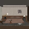 Tranquil Bedroom Interior With Neutral Bedspread Wooden Wardrobes And Abstract Wall Art
