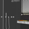 Sleek Shower System with Handheld Sprayer in Dark Gray Tiled Bathroom with Marble Countertop