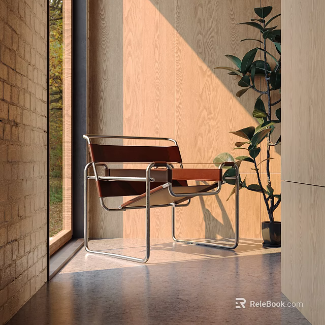 Stylish Leisure Chair With Metal Frame And Leather Seat By Wooden Wall And Plant 3d model 