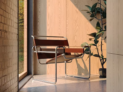 Stylish Leisure Chair With Metal Frame And Leather Seat By Wooden Wall And Plant 3d model