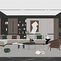 Modern Living Room Interior Design With Light Gray L-shaped Sofa Green Brown Cushions And Bookshelves