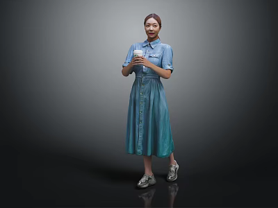 Woman in Blue Denim Dress Holding Cup Against Gray Background Wearing Silver Shoes 3d model