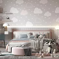Cozy Kids Room Interior With Cloud Patterned Wallpaper Bed Stuffed Toys And Soft Rug