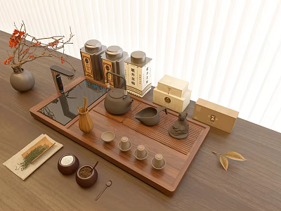 Chinese Traditional Ceramic Tea Set with Wooden Tray Cups Canisters and Flower Branch 3d model