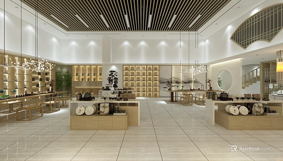Modern Chinese Style Specialty Store Interior With Display Cabinets Exhibition Counters And Chandeliers 3d model 