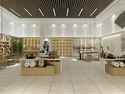 Modern Chinese Style Specialty Store Interior With Display Cabinets Exhibition Counters And Chandeliers 3d model