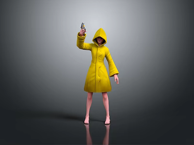 Woman in Yellow Hooded Coat Holding Phone Against Gray Background With Reflective Floor 3d model