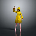 Woman in Yellow Hooded Coat Holding Phone Against Gray Background With Reflective Floor