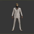 Game Movie Character in White Suit with Black Mask Blonde Hair 3D Standing Gray Background