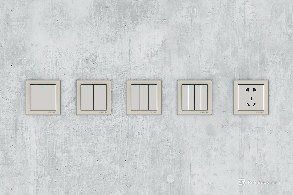 Beige Switch Panels With Various Switches And Socket On Gray Concrete Wall 3d model 