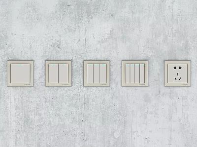 Beige Switch Panels With Various Switches And Socket On Gray Concrete Wall 3d model
