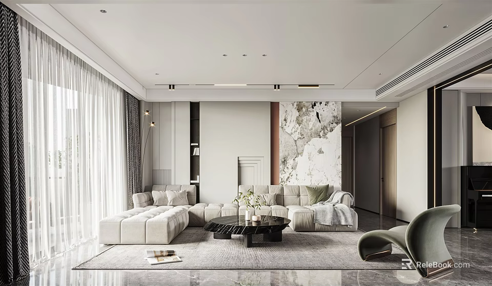 Elegant Modern Living Dining Room Interior With Sofa Coffee Table And Textured Wall 3d model