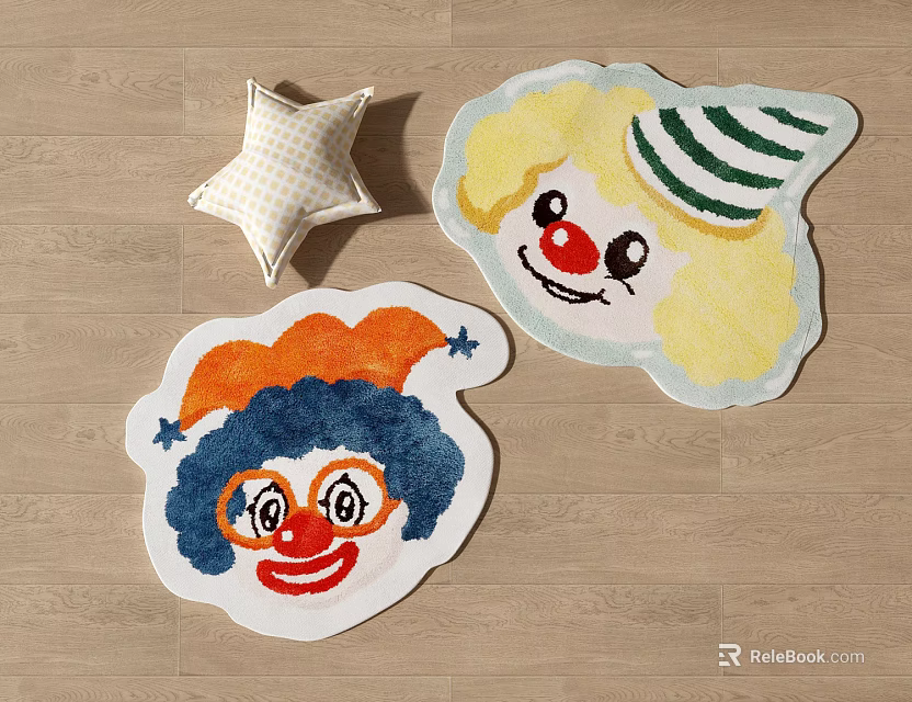 Fun Clown Face Shaped Kids Area Rugs With Colorful Hats And Red Noses 3d model 