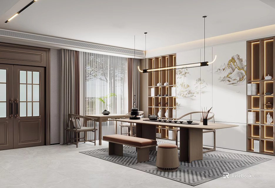 Traditional Tea Room Interior With Wooden Table Stools Tea Sets Hanging Lights And Decorative Paintings 3d model 
