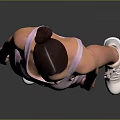 A woman wearing pink sports bra and shorts with white sneakers against gray background