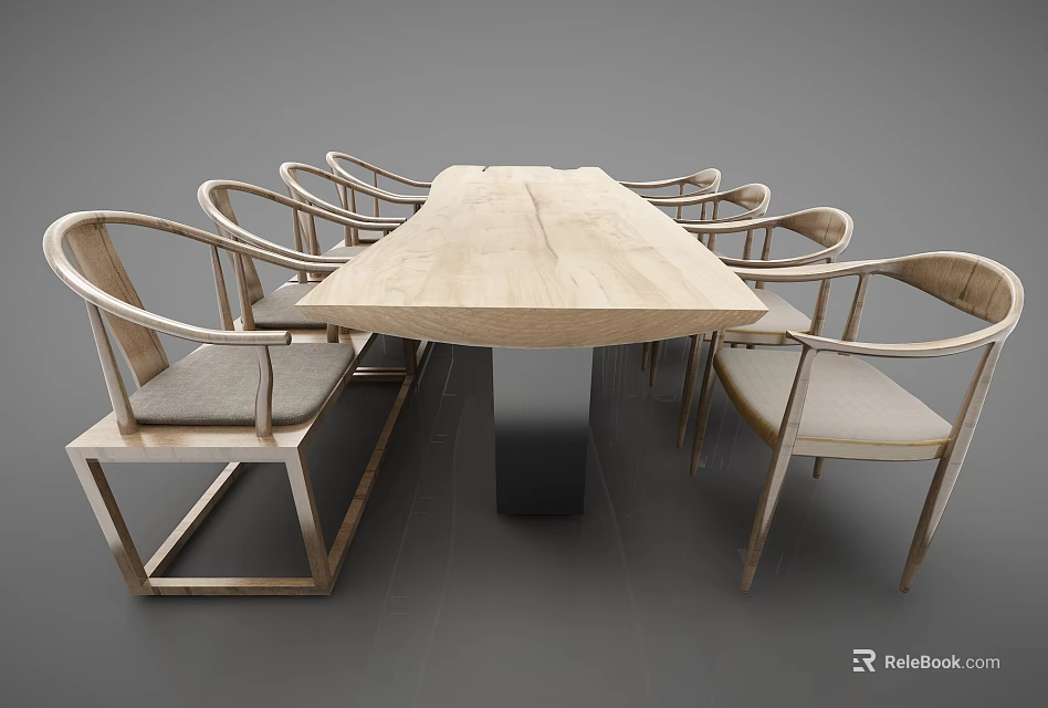 Wooden Rectangular Dining Table Set with Curved Backrest Chairs and Padded Seats 3d model 