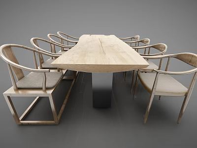 Wooden Rectangular Dining Table Set with Curved Backrest Chairs and Padded Seats 3d model