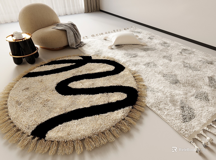 Round Area Rug With Black Wave Design And Fringed Edges In Living Room 3d model 