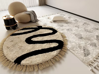 Round Area Rug With Black Wave Design And Fringed Edges In Living Room 3d model