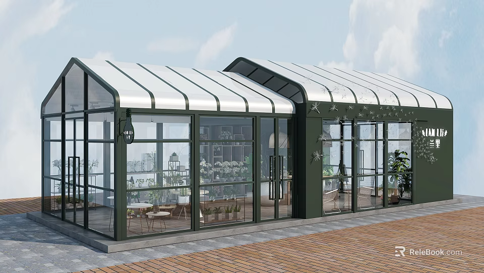 Outdoor Shower Sauna In Glass Sunroom With Comfortable Seating And Green Plants 3d model 