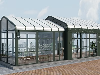 Outdoor Shower Sauna In Glass Sunroom With Comfortable Seating And Green Plants 3d model