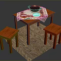 Wooden Table with Stools Red White Checkered Tablecloth Black Pot Plate Spoon Fork on Rug