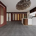 Spacious Exhibition Hall Showroom With Display Racks Wall Charts Chairs And Gray Tile Floor
