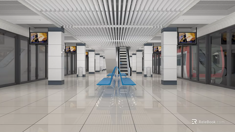 Modern Station Hall Interior With White Pillars Striped Ceiling Blue Benches And Shiny Tiled Floor 3d model 