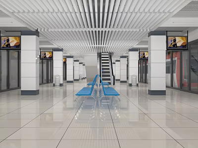 Modern Station Hall Interior With White Pillars Striped Ceiling Blue Benches And Shiny Tiled Floor 3d model