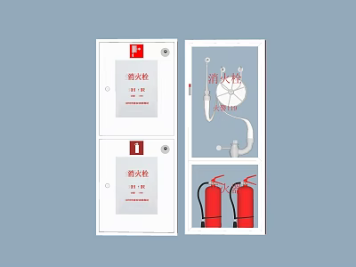 Important Fire Safety Equipment Including Hydrant Cabinets And Red Extinguishers In White Cabinets 3d model