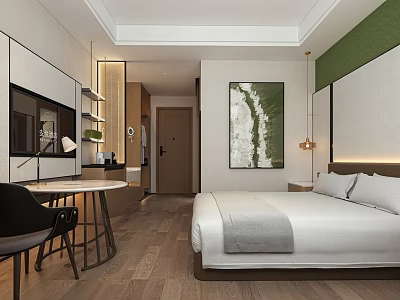 Modern Hotel Guest Room Featuring Comfortable Bed Wooden Flooring Green Wall Panel And Artwork 3d model