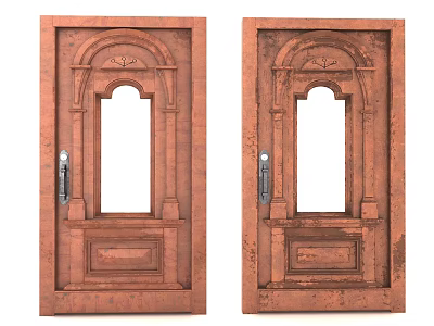 Vintage Wooden Swing Door with Intricate Carved Details and Glass Panel 3d model