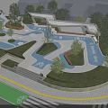 Scenic Park Landscape With Play Area Blue Water Features Green Lawns Trees And Bicycle Lane