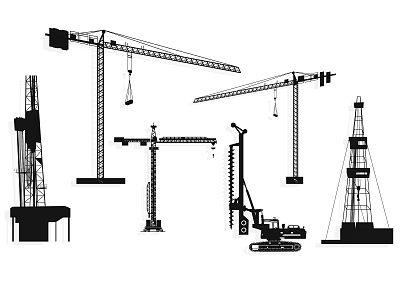 Artistic Silhouette Sculptures Featuring Cranes Drilling Equipment And Industrial Machinery 3d model